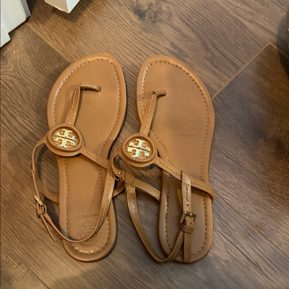 Tory Burch Cognac Leather Logo Thong Sandals